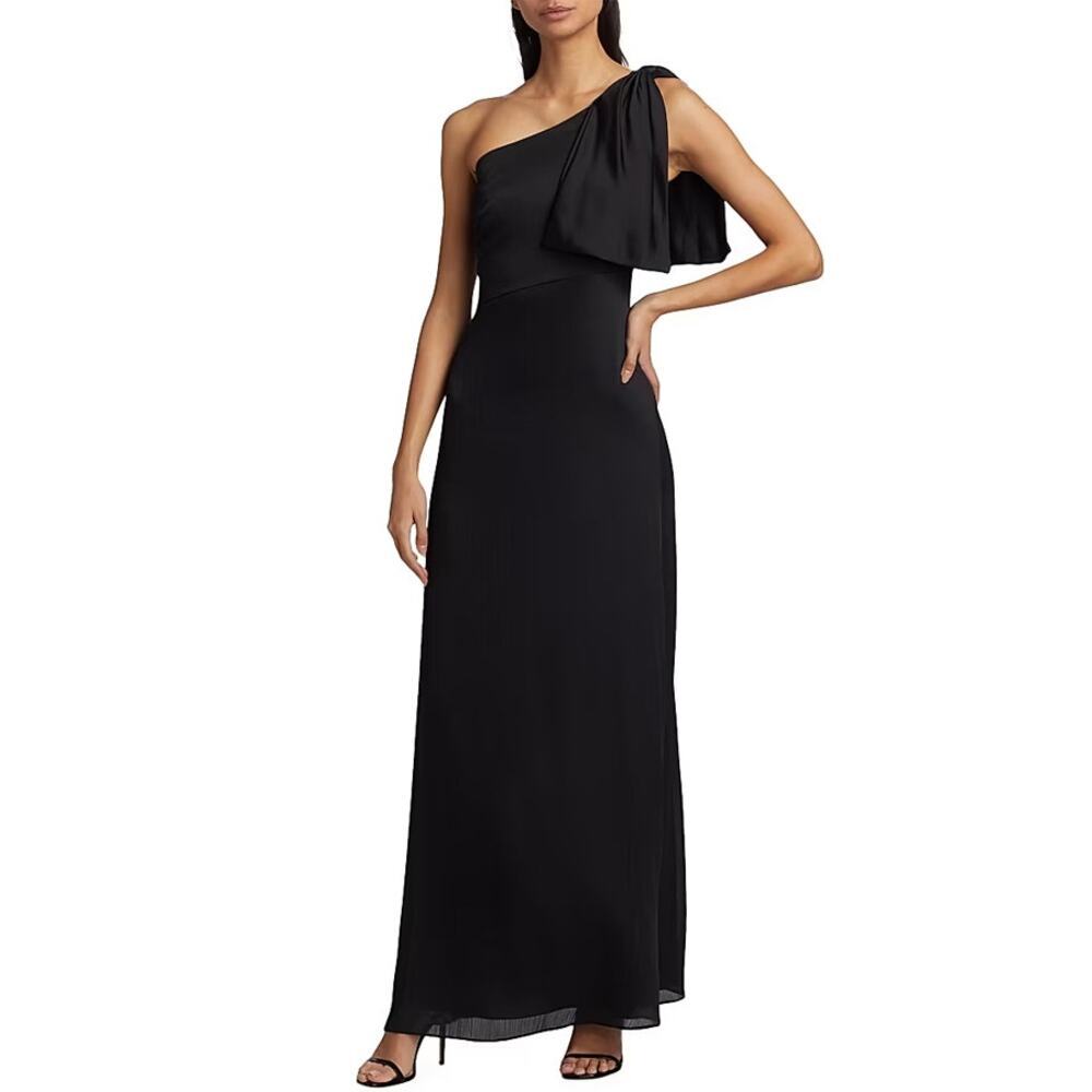 Sachin & Babi Chelsea One Shoulder Bow Black Satin Gown Size 0
